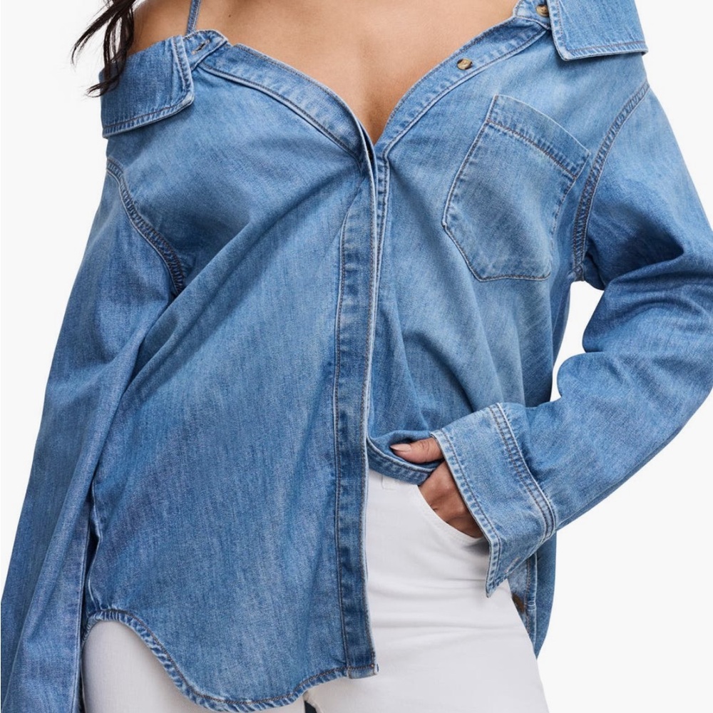 Good American Blue Denim Off Shoulder Button Down Shirt